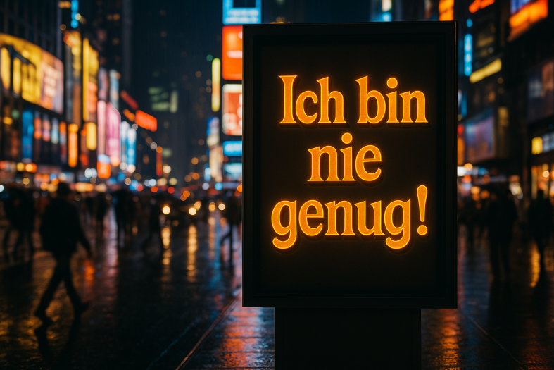 Neonschriftzug auf einem Citylight mit dem Text: Ich bin nie genug!